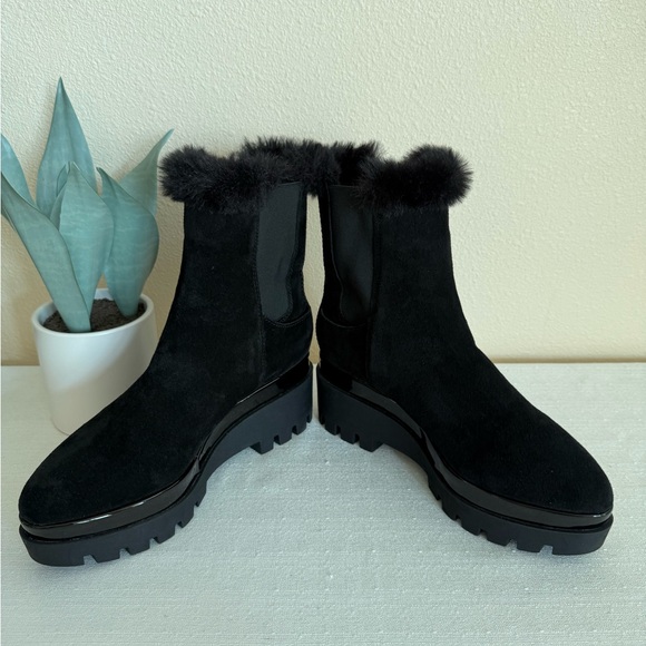 New DKNY Black Suede Platform Faux Fur Ankle Boots - Picture 9 of 12